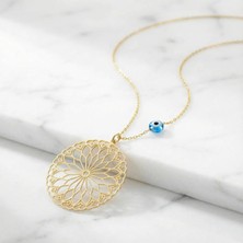 Arvenia Silver Yaşam Çiçeği Motifli Nazar Boncuklu Altın Kaplama Kadın 925 Ayar Gümüş Kolye