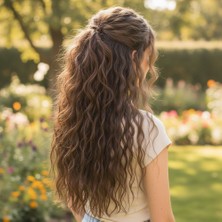 Fiber Sentetik Kabarık Dalgalı Yarım Ay + 2 Yan Çıt Çıt / Açık Kahve