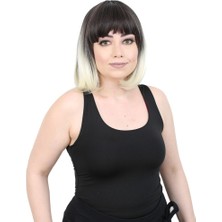 Kısa Küt Perçemli Fiber Sentetik Peruk / Küllü Siyah / Platin Ombreli