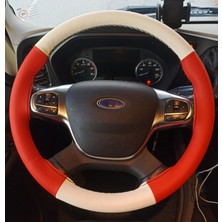 Hasbay Dikişli Direksiyon Kılıfı Krem / Kırmızı Deri Siyah Dikişli F.ord Fmax Için