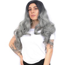 Seçkin Trend Yoğun Dalgalı Fiber Sentetik Uzun Perçemsiz Peruk / Siyah / Gri Ombreli