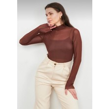 Sarı Butik Kahverengi Tül Transparan Bluz