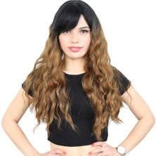 Perçemli Uzun Su Dalgası Fiber Sentetik Peruk/ Siyah / Karamel Ombreli