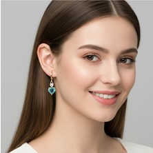 Heppii Turkuaz Mavi Sallantılı Kalp Taşlı Charmlı Halka Küpe Minimal Şık Tasarım