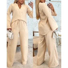 ModaSize Kadın Uzun Kollu V Yakalı Keten Bluz Bağcıklı Pantolon Ikili Takım