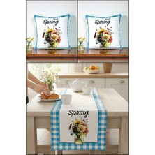 Visionario Bahar Temalı Hello Spring Kadife Kırlent Kılıfı ve Masa Runner Seti Dijital Baskı
