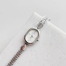 Vesce Atelier Hasır Kordon Gümüş Oval Saat Beyaz