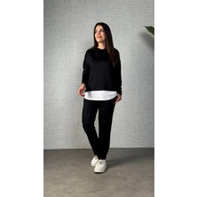 ModaSize Kadın Uzun Kollu Kapşonlu Bağcıklı Viskon Iki Iplik Bluz ve Pantolon Ikili Takım