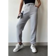 Schlank Kadın Gümüş Gri Kışlık Kalın Içi Polarlı Yüksek Bel Paçası Lastikli Basic Jogger Eşofman Altı