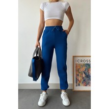 Schlank Kadın Indigo Mavi Kışlık Kalın Içi Polarlı Yüksek Bel Paçası Lastikli Basic Jogger Eşofman Altı