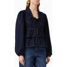 Yascelina Bağlamalı Koyu Mavi Denim Bluz, Organik Pamuklu