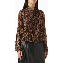 Marella Gala Georgette Fırfırlı Bluz, Şifon Leopar Desenli Şal Yaka Tasarım