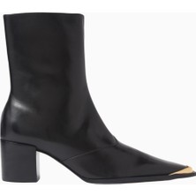 Schutz Raffaela 55 Siyah Deri Metal Burun Detaylı, Orta Boy Lüks Topuklu Bot