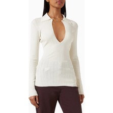 Elisabetta Franchi Ribbed Knit Top, Lüks V Yaka Polo Yaka Triko Bluz