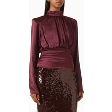 Rotate Birger Christensen Bordo Ipek Büzgülü, Yüksek Yaka Lüks Kadın Bluz