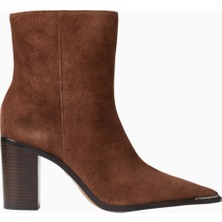 Schutz City Natural 85 Koyu Kahverengi Süet, Sivri Burun Lüks Blok Topuklu Ankle Bot