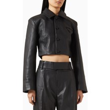 Maniere De Voir Ania, Siyah Vegan Deri Kısa Ceket, Geniş Omuzlu ve Lüks Tasarım