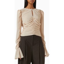 Rotate Birger Christensen Şifon Büzgülü Off White, Romantik Zarif Kadın Bluz