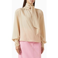 Oversized Bow-Neck Blouse, Lüks Georgette Yüksek Yakalı Şık Balon Kollu Bluz