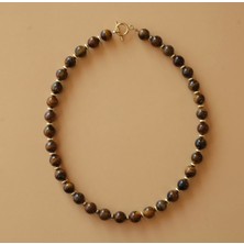 Taşmir Doğal Kaplan Gözü & Hematit Taşı Kolye - Pirinç Altın Kaplama Klips