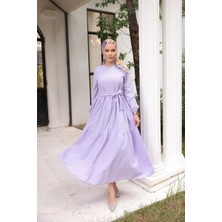 Comstar Kadın Şık Kendinden Dokulu Kuşaklı Lila Uzun Elbise