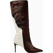 Black Suede Studio Ember 80 Kahverengi Cow-Print Pony Hair Diz Altı, Sivri Burun Ince Topuklu Çizme