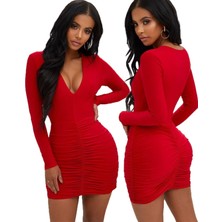 Hafif Giyim Fantezi Seksi Göğüs Dekolteli Büzgülü Drapeli Uzun Kol Mini Elbise TP101535HF