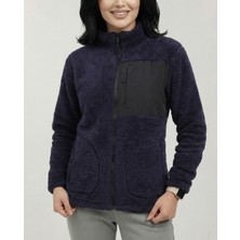 Veleno Kadın Lacivert Kuzu Welsoft Yünlü Peluş Kürklü Polar Ceket Tam Fermuarlı 3 Cepli