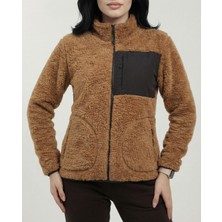 Veleno Kadın Kahverengi Kuzu Welsoft Yünlü Peluş Kürklü Polar Ceket Tam Fermuarlı 3 Cepli