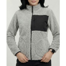 Veleno Kadın Gri Kuzu Welsoft Yünlü Peluş Kürklü Polar Ceket Tam Fermuarlı 3 Cepli