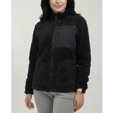 Veleno Kadın Siyah Kuzu Welsoft Yünlü Peluş Kürklü Polar Ceket Tam Fermuarlı 3 Cepli