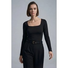 Qaju Kadın Uzun Kollu Kare Yaka Basic Bluz -Siyah