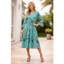 Mamayaga Kadın Büyük Beden Truvakar Kol Volanlı Katlı Etekli Curve Spor Şık Pamuk Yazlık Elbise