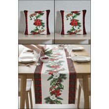 Visionario Yılbaşı Temalı Çiçek Desenli Kadife Kırlent Kılıfı ve Masa Runner Seti Dijital Baskı