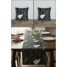 Visionario Masa Runner ve Kırlent Kılıfı Seti Botanik Kuş Desenli Kadife Dijital Baskı