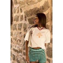 Le'sluette Kadın Oversize T Shirt %100 Pamuk Il Sole Infinito Nakışlı Ekru