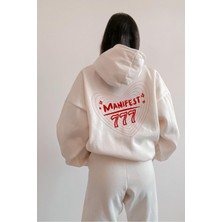 Le'sluette Kadın Oversize %100 Pamuk Baskılı Sweatshirt Manifest 777 Beyaz