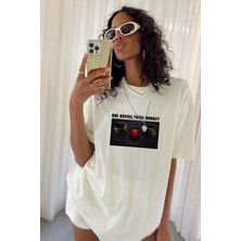 Le'sluette Kadın Oversize T Shirt %100 Pamuk Three Monkeys Baskılı Beyaz