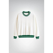 Le'sluette Kadın Oversize %100 Pamuk Bisiklet Yaka Triko Detaylı Sweatshirt Ekru Yeşil