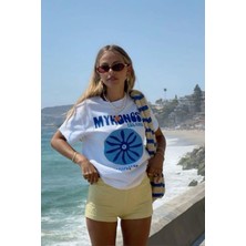 Le'sluette Kadın Oversize Mykonos Baskılı %100 Pamuk T-Shirt Ekru