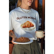 Le'sluette Kadın Oversize Kruvasan (Gluten Morgen) Baskılı %100 Pamuk T-Shirt Ekru