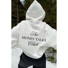 Le'sluette Kadın Oversize %100 Pamuk Baskılı Sweatshirt Money Talks Club Beyaz