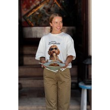 Le'sluette Unisex Oversize Spagetti Yiyen Köpek Baskılı %100 Pamuk T-Shirt Yüksek Kalite