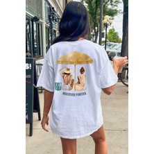 Le'sluette Oversize %100 Pamuk Baskılı T-Shirt Whatever Forever Ekru
