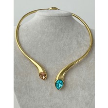 Calista Aksesuar Kahverengi ve Mavi Renklerinde Parlak Taşlı Gold Kolye