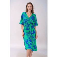 Mamayaga Kadın Çiçek Desen Şık Pamuk Yarım Volanlı Kol V Yaka Beli Lastikli Yazlık Curve Büyük Beden Elbise