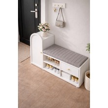 Kidy Woody Modern Oturaklı Puflu Ayakkabılık – Beyaz Çok Amaçlı Antre Dolabı (120X40X70 Cm) - Mdf Kapaklı