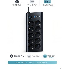ÇELİKWORK 10'lu Priz, 3 x Usb, 3.4 Amper, 1 x Type-C Girişli 16A Akım Korumalı Uzatma Kablolu Priz Çoklayıcı