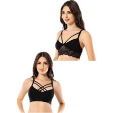 ModaSize Kota 2 Adet Siyah Dantelli Çapraz Ipli Büstiyer
