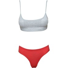 ModaSize Pedli Ip Askılı Yarım Atlet Büstiyer Külot Takım Gri Kırmızı